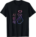 Black t-shirt with colorful hand gesture and heart design on a white background